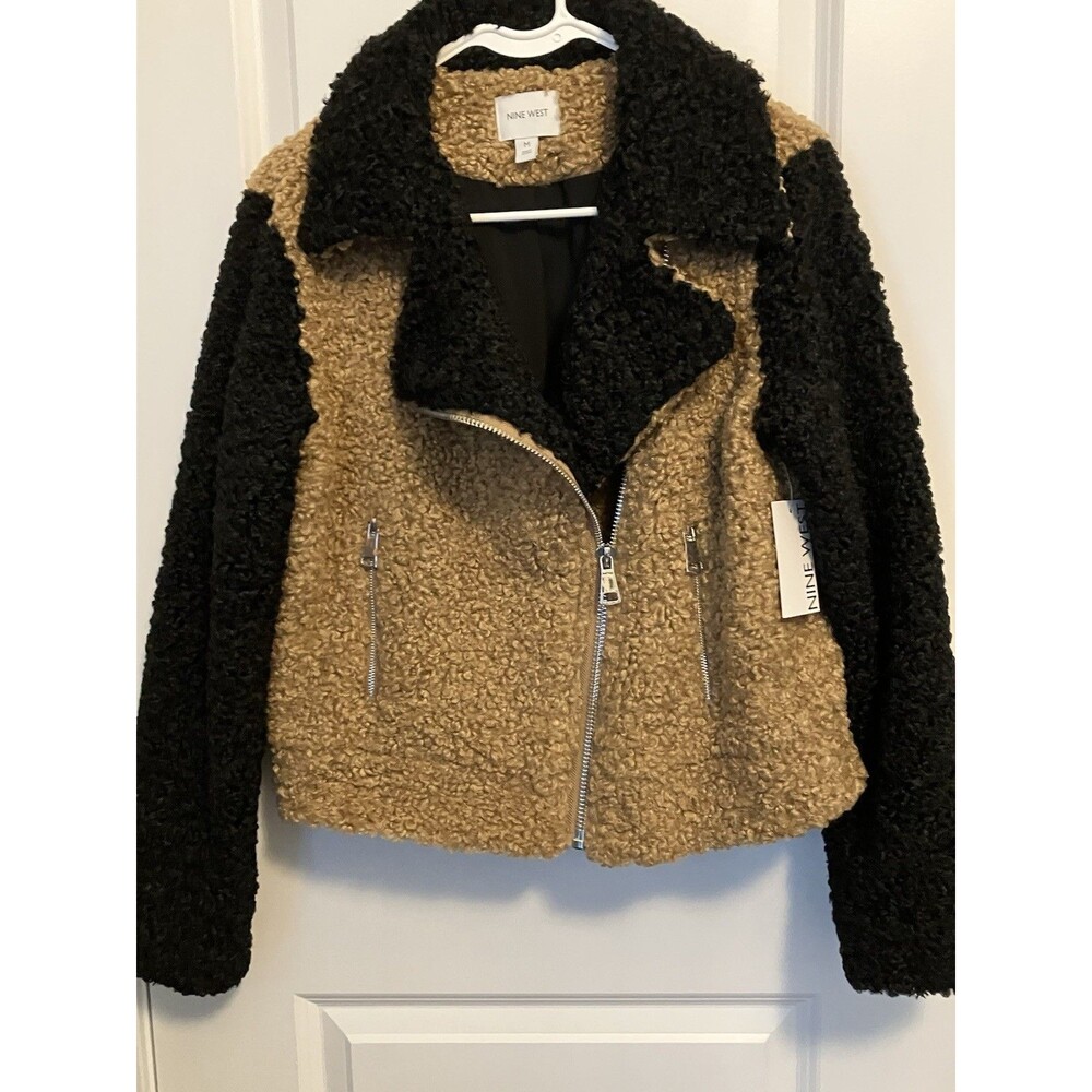 Nine West Jacket Womens Medium Black tan fuzzy chunky knit New Fall Winter Moto